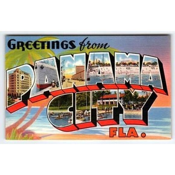Vintage Linen 'Greetings From Panama City Fla.' Large Letter Postcard Tichnor - Picture 1 of 2